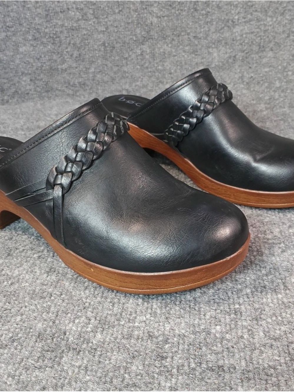 B.O.C Black Braided Leather Clog Mule with Wood-Tone Platform